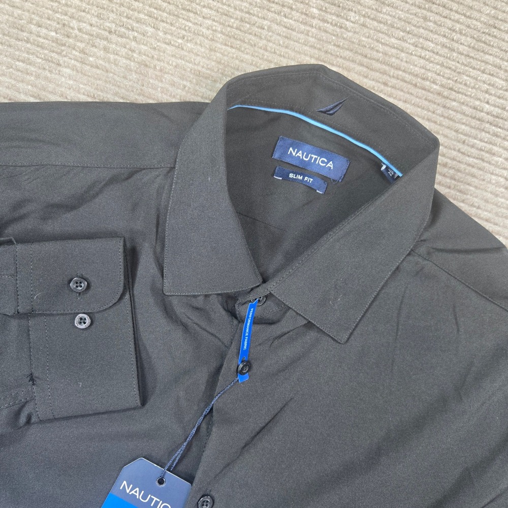 Nautica Mens XL Black Slim Fit Performance Stretch Long Sleeve Dress Shirt